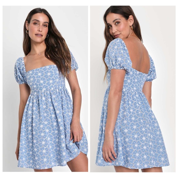 Lulus Fit to Frolic Blue Eyelet Lace Puff Sleeve Babydoll Dress size Large Beach - Picture 2 of 9